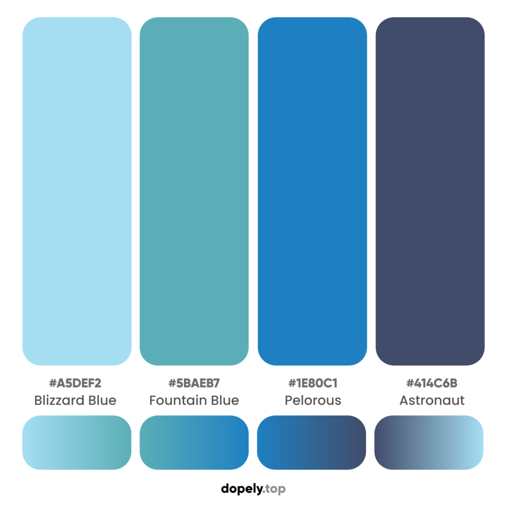 A blue color palette to give bigger feeling in design with names & hex codes