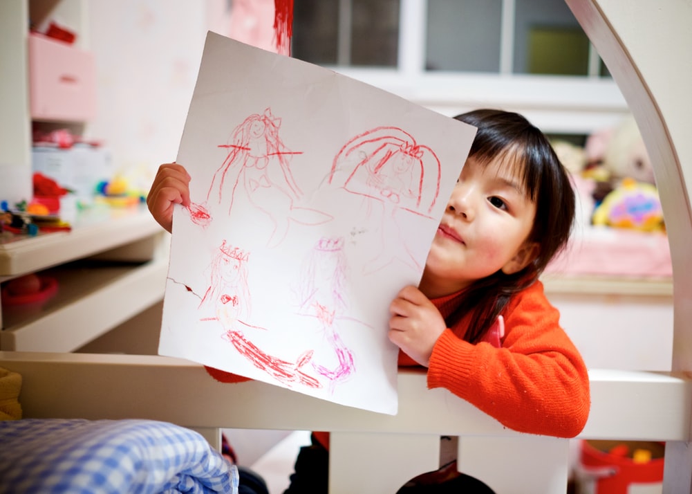 a face hidden behind painting sheet | interpret child's drawings