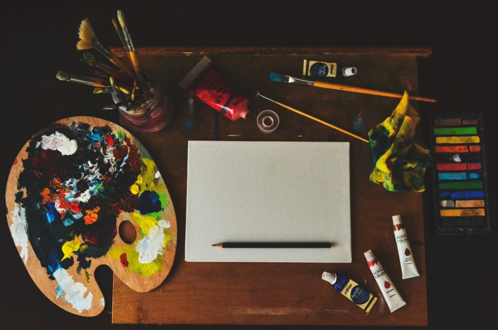 Painter's desk consists of painting equipment