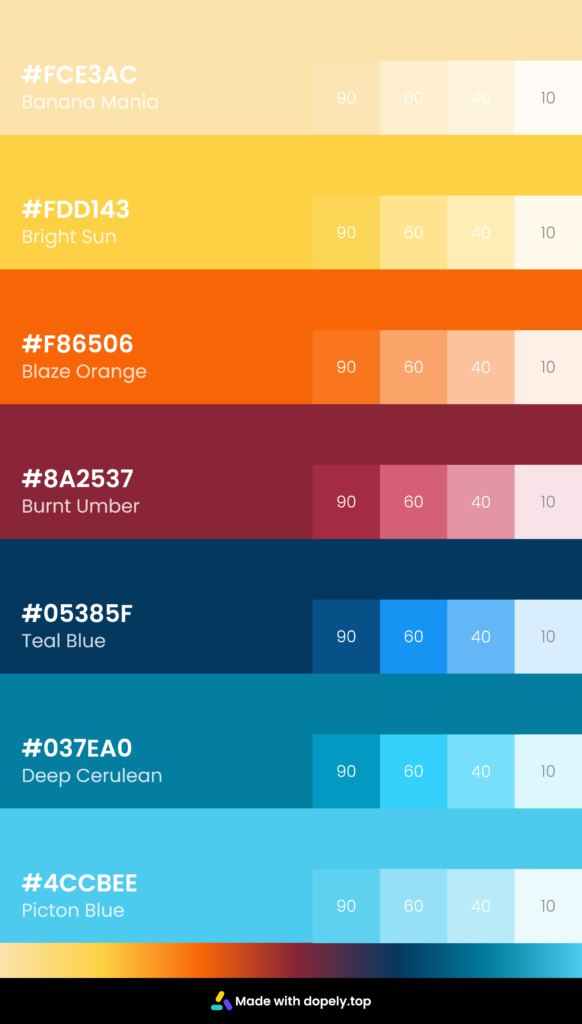 Color palette inspiration with tint colors and hex code and color name