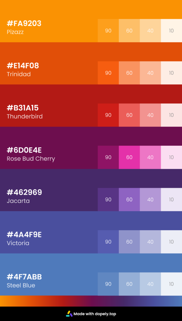 Color palette inspiration with tint colors and hex code and color name