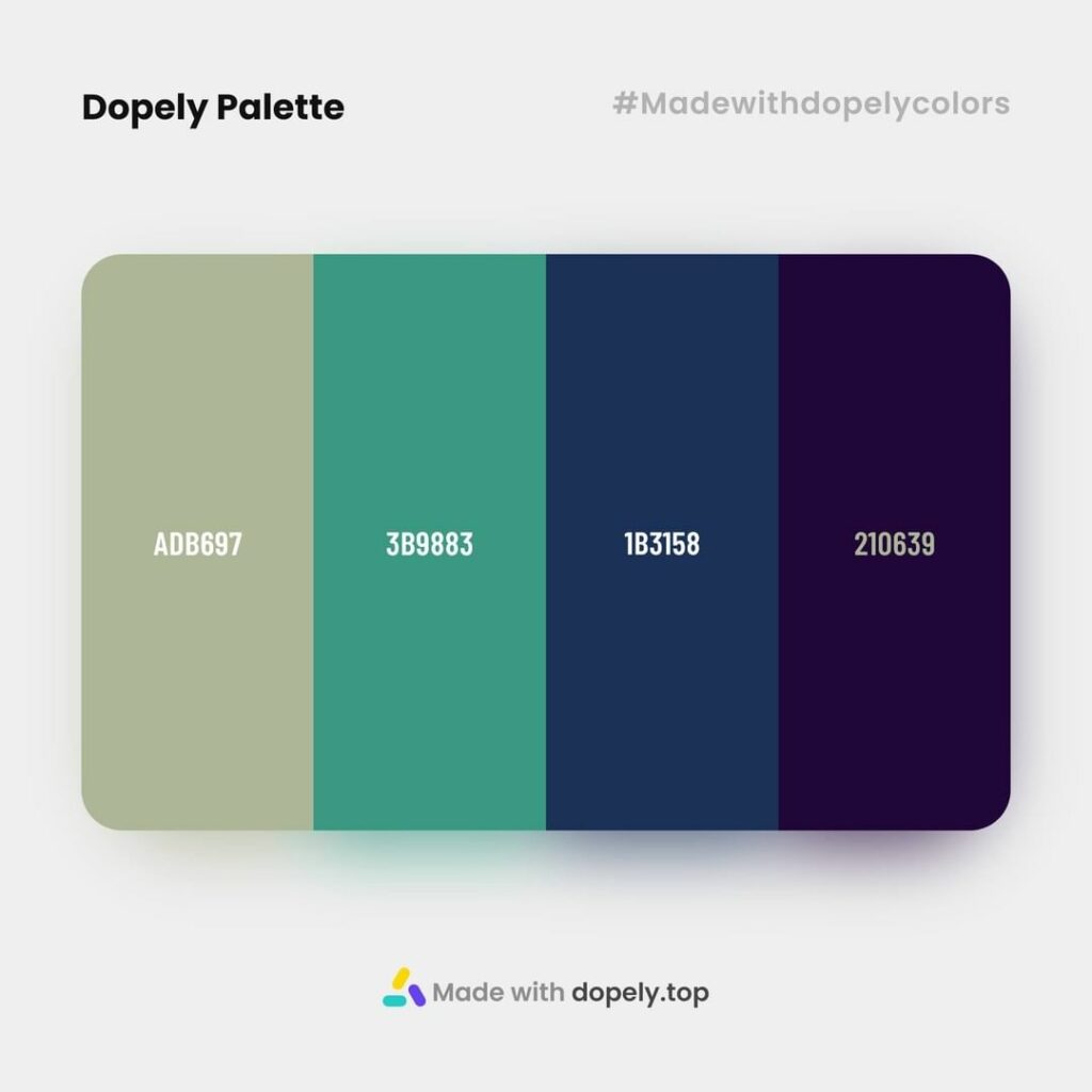 Dark color palette inspiration : Green Spring (ADB697) + Gossamer (3B9883) + Regal Blue (1B3158) + Sapphire (210639)