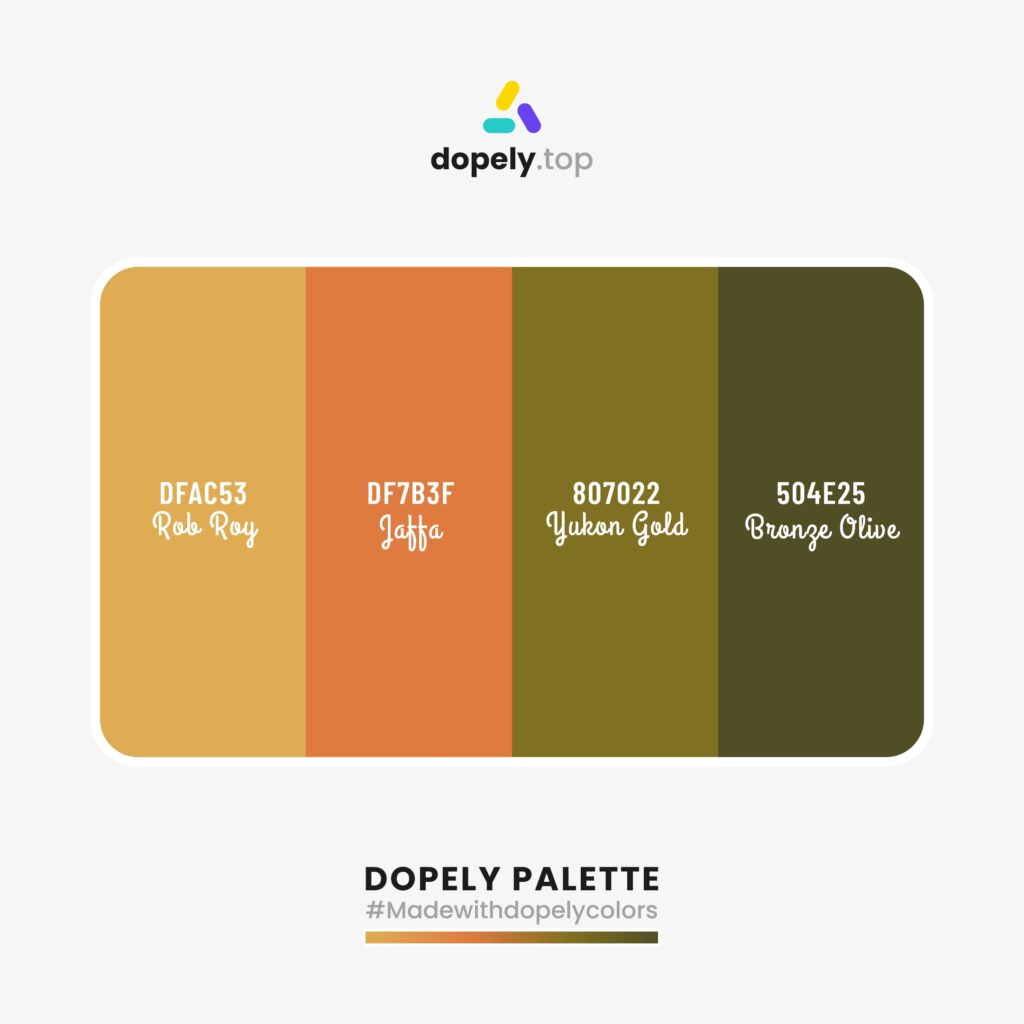 color palette idea with Rob Roy (DFAC53) + Jaffa (DF7B3F) + Yukon Gold (807022) + Bronze Olive (504E25)