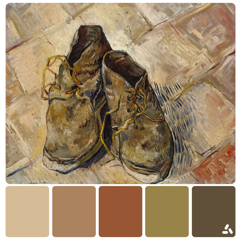 Van Gogh Shoes painting with color palette which has gray, cream and  brown colors