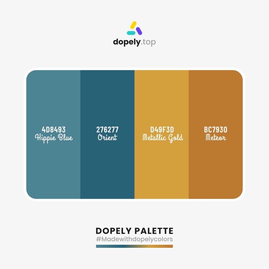 color palette Hippie Blue (4D8493) + Orient (276277) + Metallic Gold (D49F3D) + Meteor (BC7930)