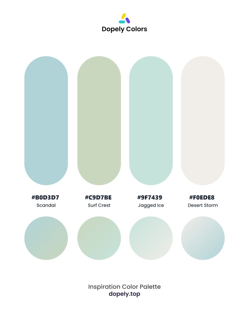 color palette inspiration including: Scandal (B0D3D7) + Surf Crest (C9D7BE) + Jagged Ice (C5E3DB) + Desert Storm (F0EDE8) by dopely colors