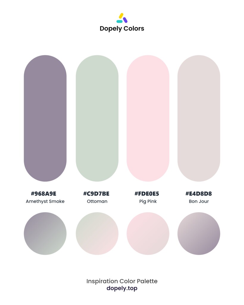 color palette inspiration including: Amethyst Smoke (968A9E) + Ottoman (CEDACD) + Pig Pink (FDE0E5) + Bon Jour (E4D8D8) by dopely colors