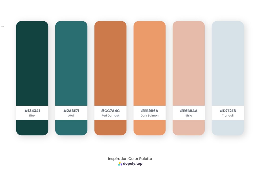 color palette inspiration by Dopely color palette generator Tiber (134341) + Atoll (2A6E71) + Red Damask (CC7A4C) + Dark Salmon (EB9B6A) + Shilo (E6BBAA) + Tranquil (D7E2E8)