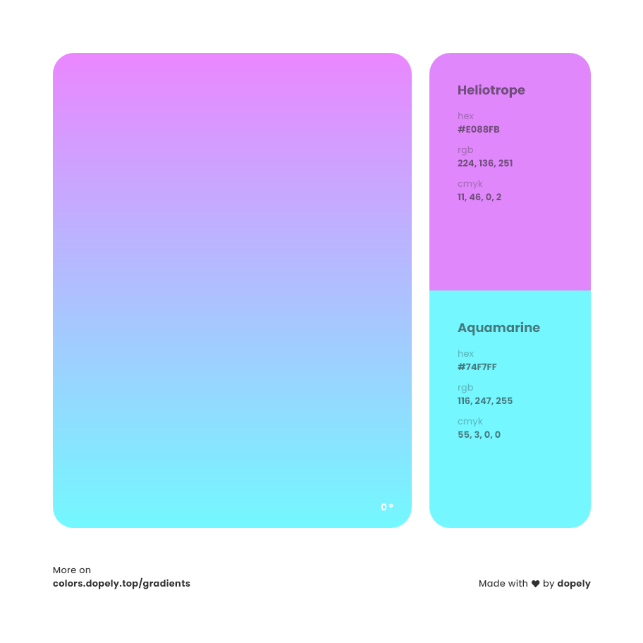 Heliotrope purple to aquamarine blue color gradient inspiration with names, RGB, CMYK& Hex code