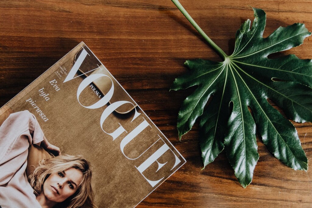 Brown color Vogue fashion magazine on a wooden surface next to a green leaf