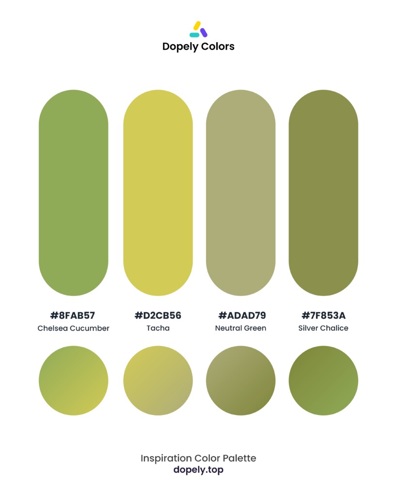 color palette inspiration by Dopely color palette generator Chelsea Cucumber (8fab57) + Tacha (d2cb56) + Neutral Green (adad79) + Silver Chalice (7f853a)