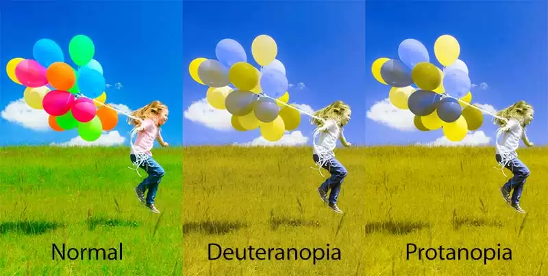 colorblindness types, a kid jumping in the air, holding balloons

