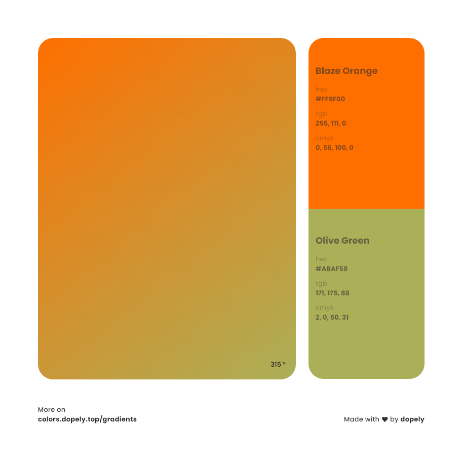 blaze orange to olive green haze Inspirations with Names & Codes, RGB, CMYK& Hex code