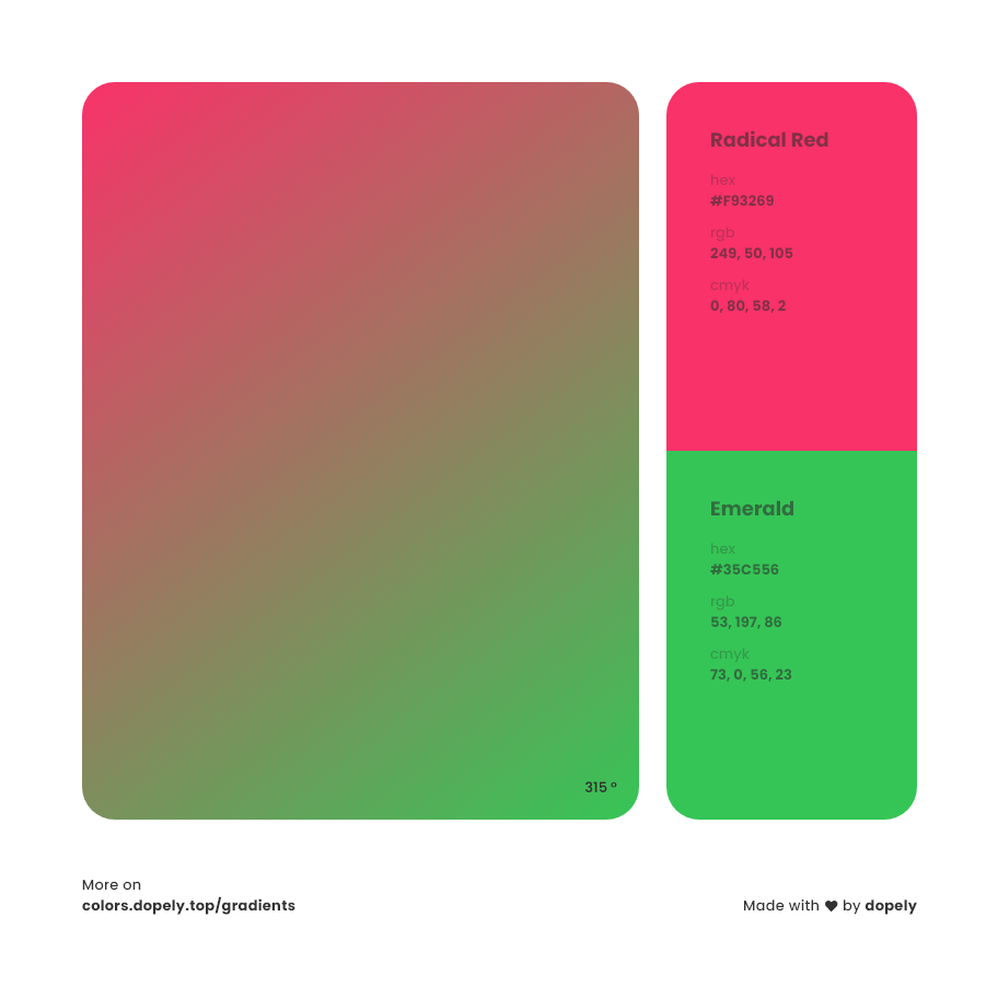 emerald color to radical red pink gradient inspirations with names & codes in RGB, CMYK& Hex