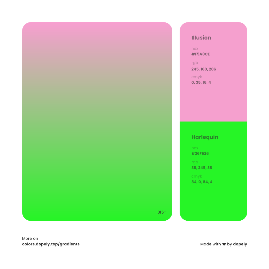 harlequin color to illusion pink gradient inspirations with names & codes in RGB, CMYK& Hex