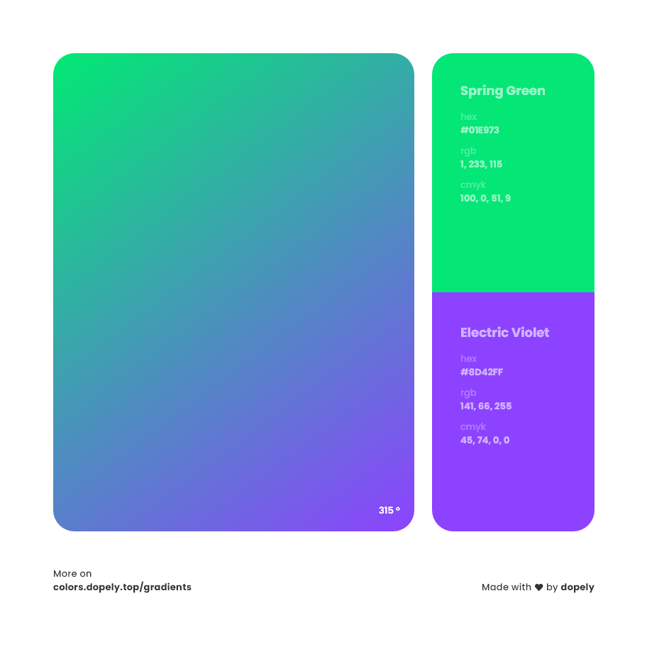 electric violet to spring green Inspirations with Names & Codes, RGB, CMYK& Hex code