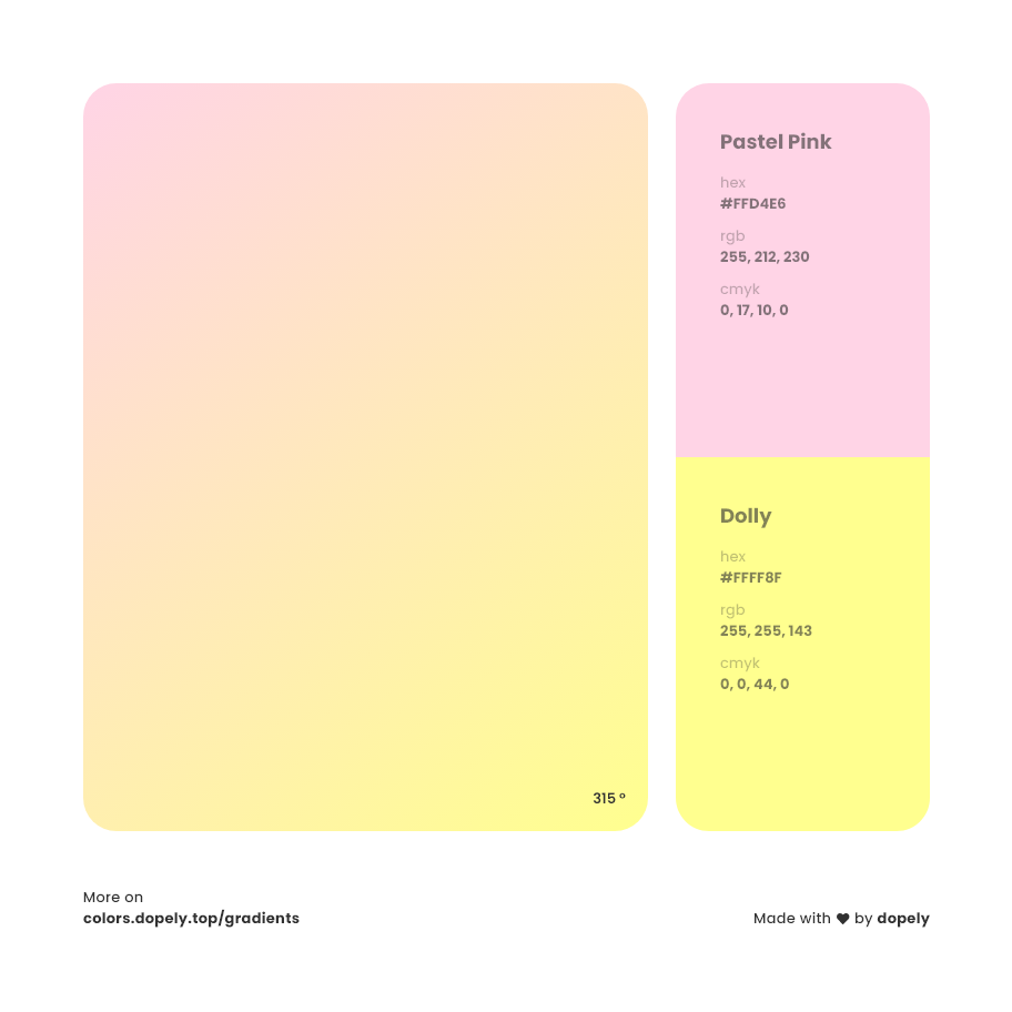 dolly color to pastel pink gradient inspirations with names & codes in RGB, CMYK& Hex