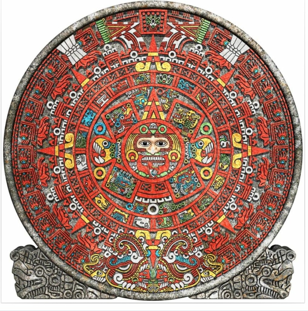 the symbol of the God in Mexican Mayan culture which consists of yellow, red, blue, green and black.