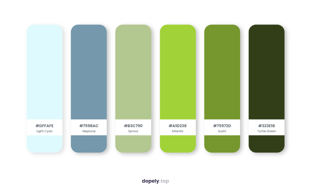 Color palette inspiration by Dopely color palette generator with: Light Cyan (DFFAFE) + Neptune (7598AC) + Sprout (B3C790) + Atlantis (A1D238) + Sushi (75972D) + Turtle Green (323E18)