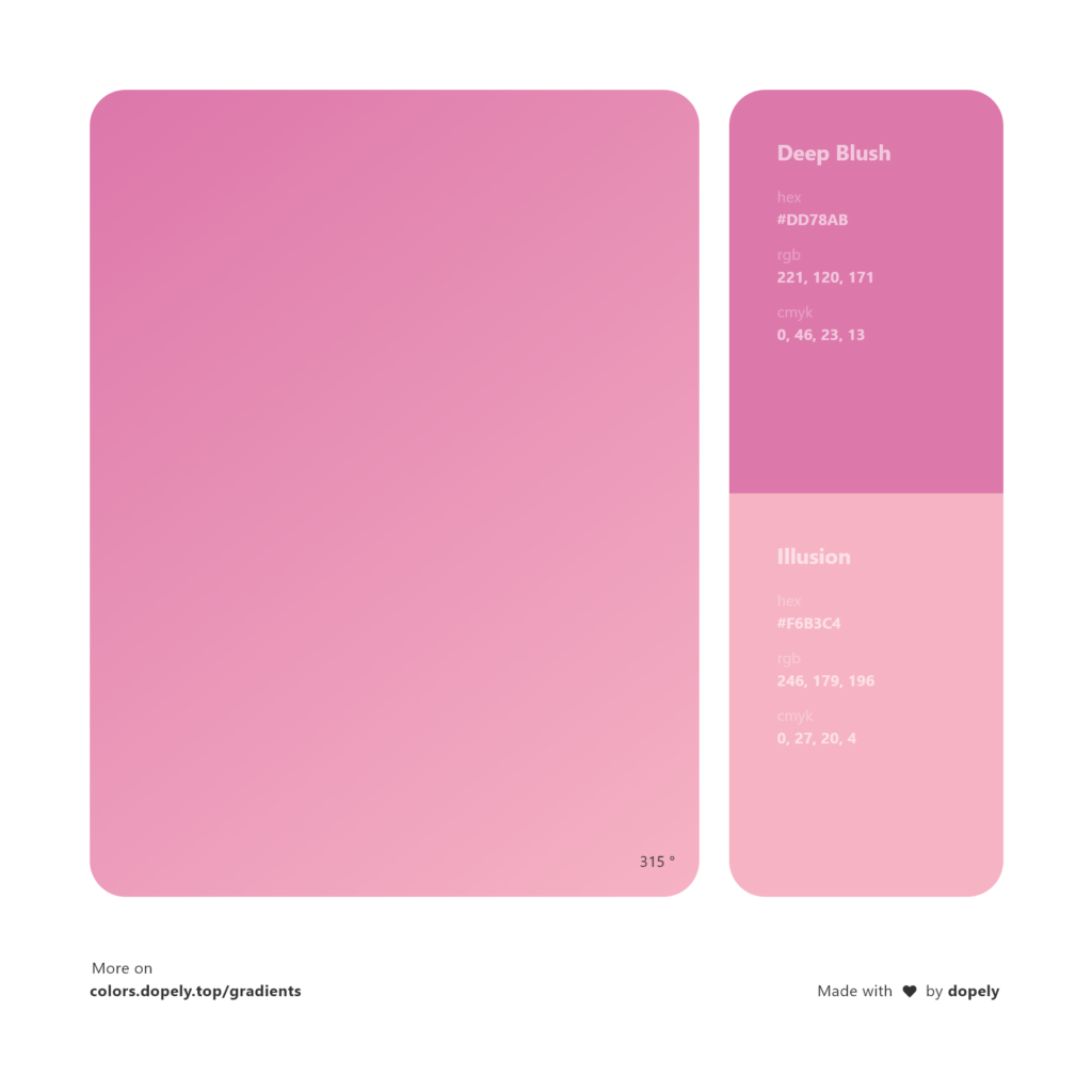 Analogous deep blush pink color to illusion pink gradient inspirations with names & codes in RGB, CMYK& Hex