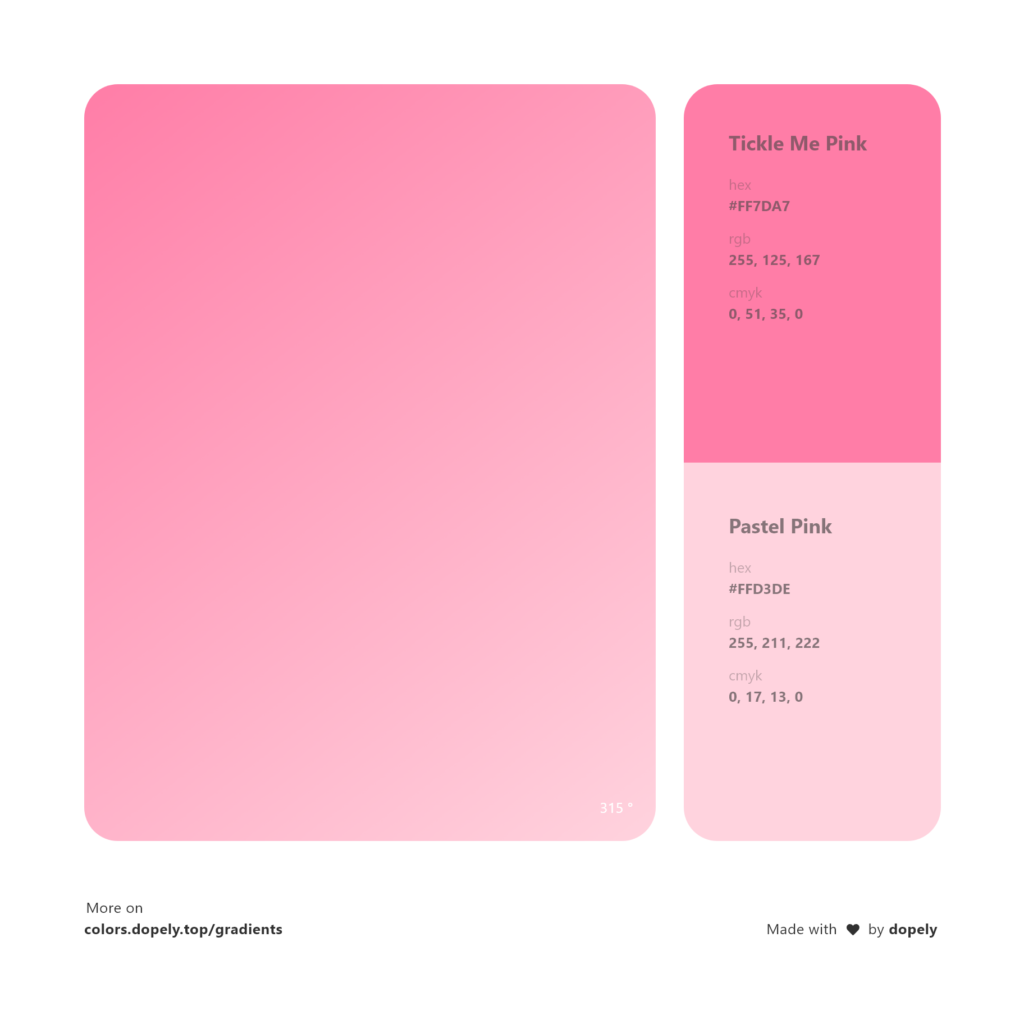 Analogous tickle me pink color to pastel pink gradient inspirations with names & codes in RGB, CMYK& Hex