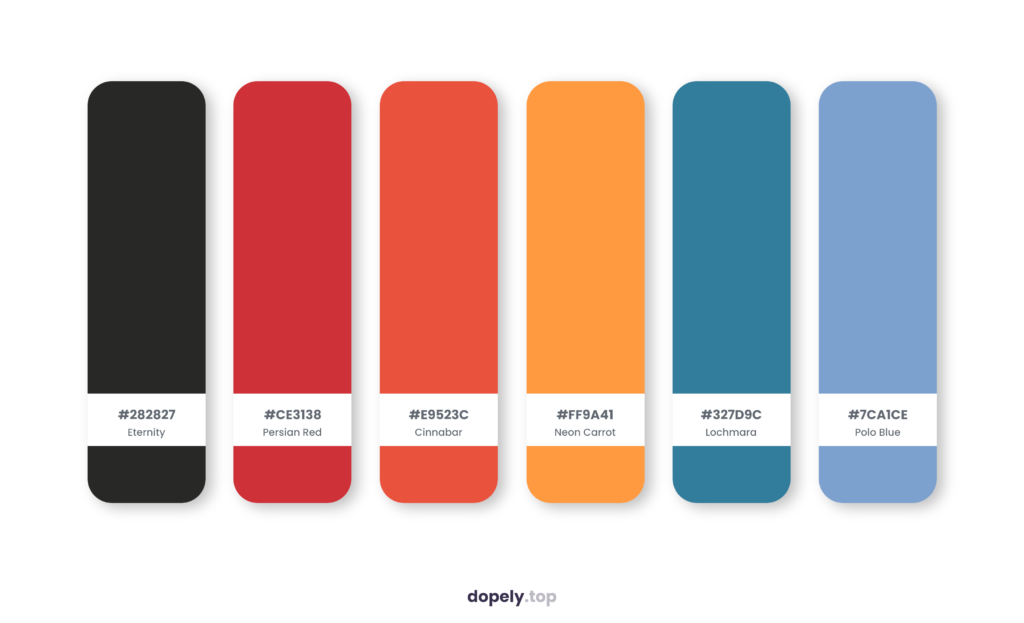 Color palette inspiration by Dopely color palette generator with: Eternity (282827) + Persian Red (CE3138) + Cinnabar (E9523C) + Neon Carrot (FF9A41) + Lochmara (327D9C) + Polo Blue (7CA1CE)