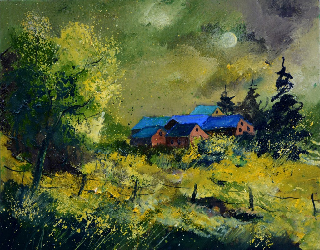 painting of a lush landscape with trees and green stormy skies of Pol Ledent