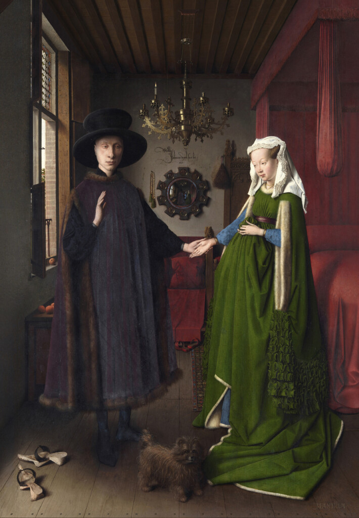 The green dress worn by this girl shows the high degree of her family in The Arnolfini Portrait of Jan Van Eyck (1434)