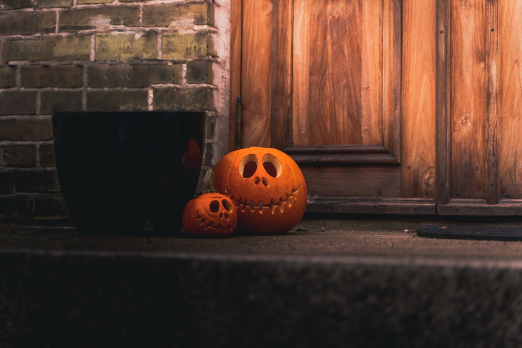 two pumpkins engraved on the front door of a house.