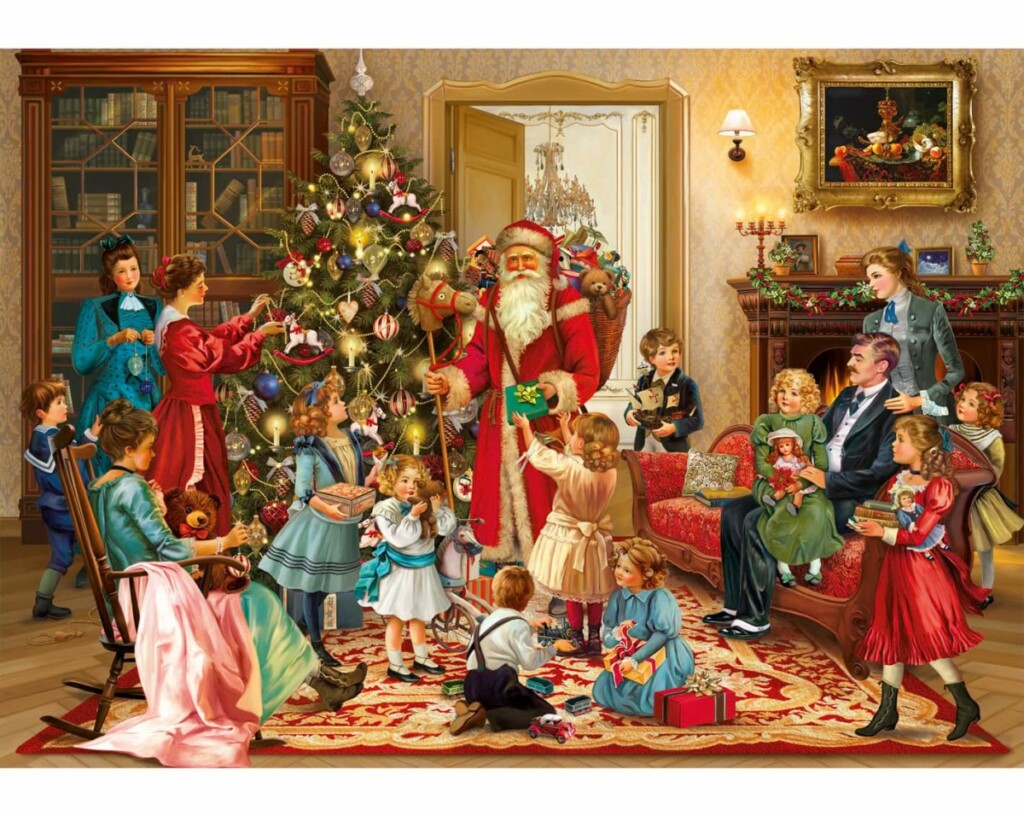 A painting of a Victorian family decorating a Christmas tree and celebrating Christmas.