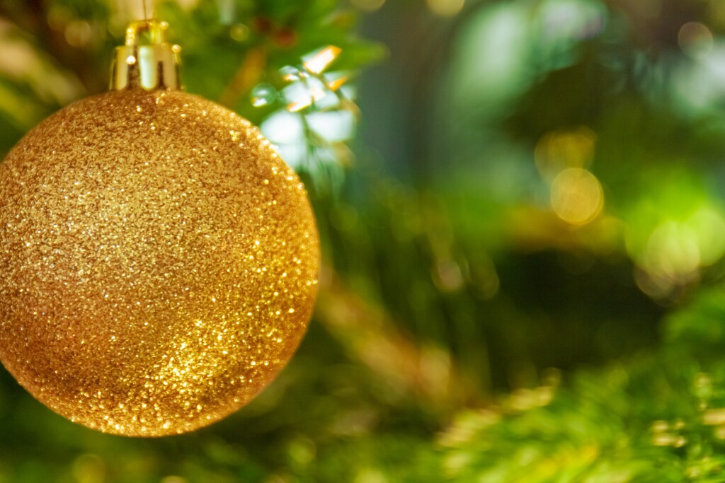 Picture of a gold pendant hanging on a Christmas tree.
