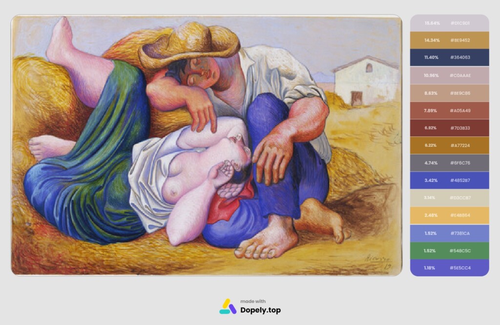  Neoclassical painting of a girl and a boy sleeping on a farm.