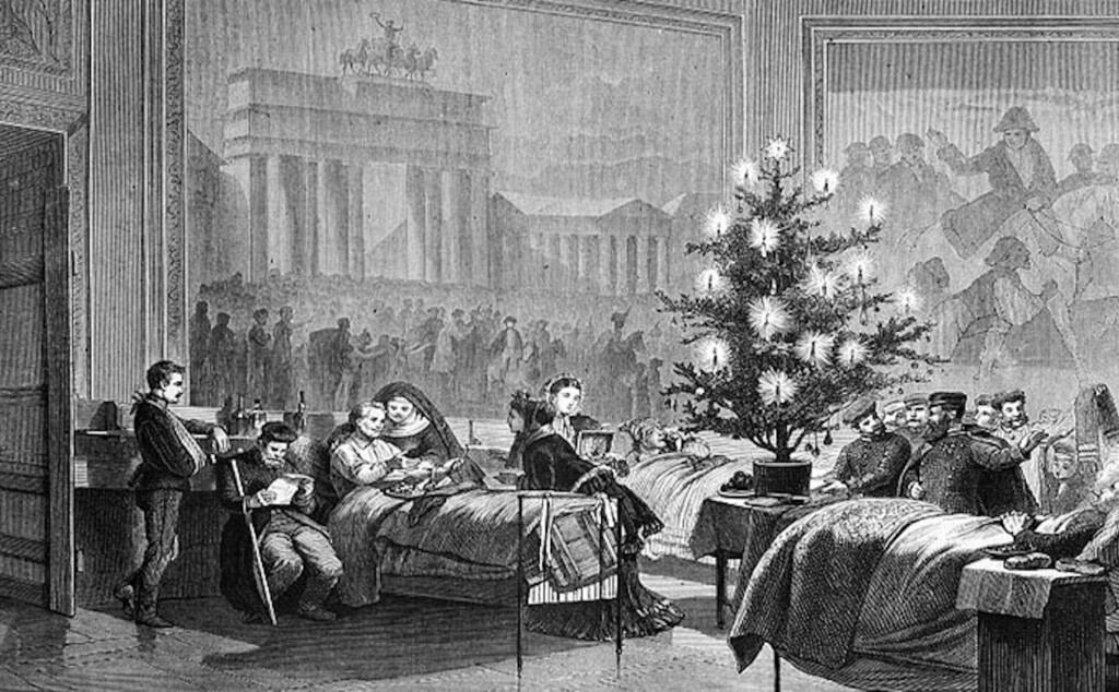 An old painting of a hospital in Germany with a Christmas tree for the sick.
