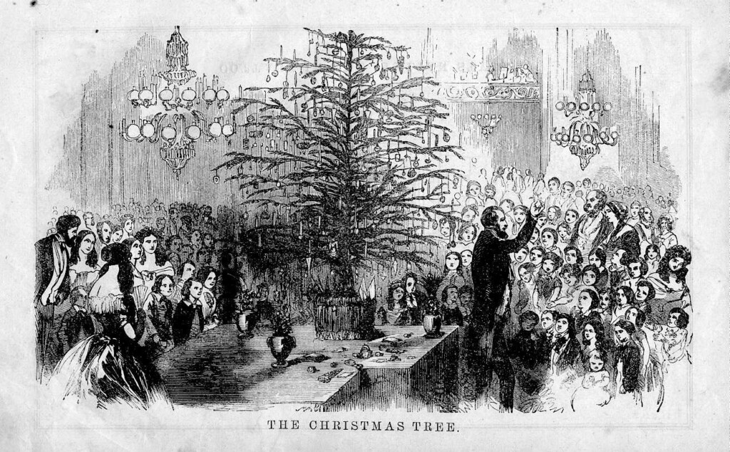 A painting of St. Unifas talking in the crowd next to a Christmas tree.
