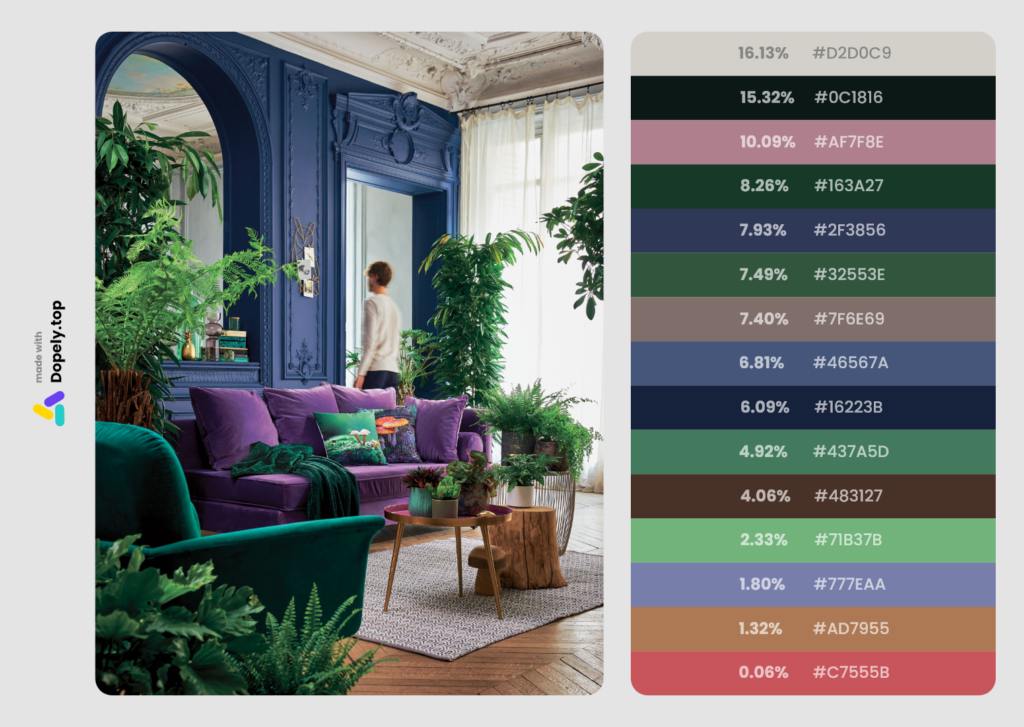 combining green color and purple in the living room