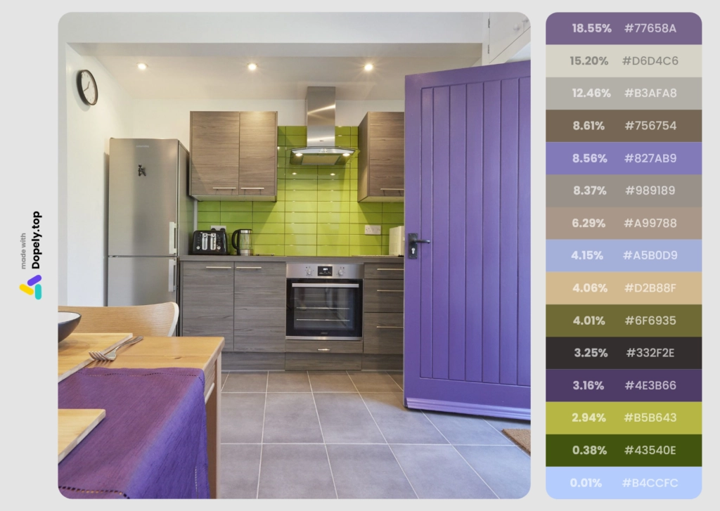 combining green color and purple in the kitchen