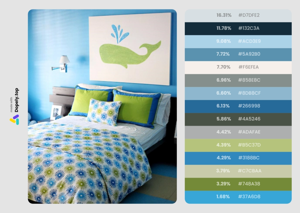 combining green color and blue in the bedroom