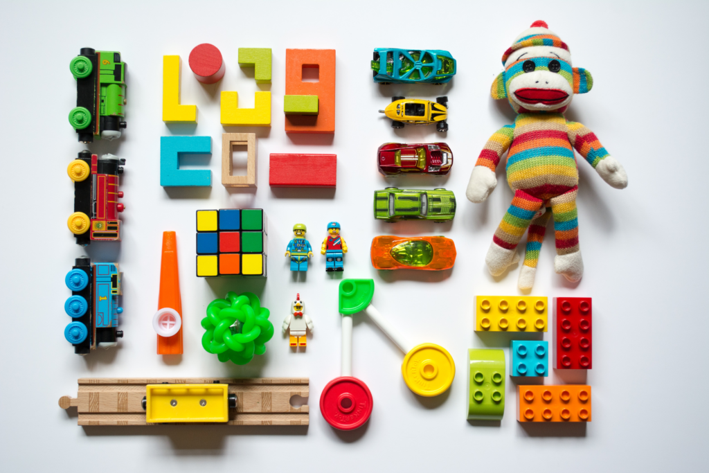 A picture of a number of colored toys used to improve autistic people