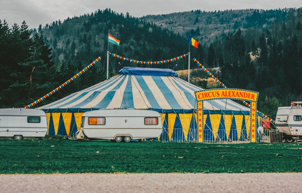 image of Alexander circus tent in blue and white