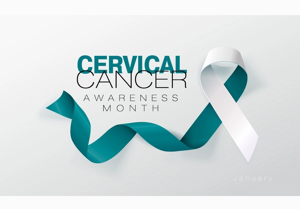 Cervical Cancer Awareness month with white and teal ribbon