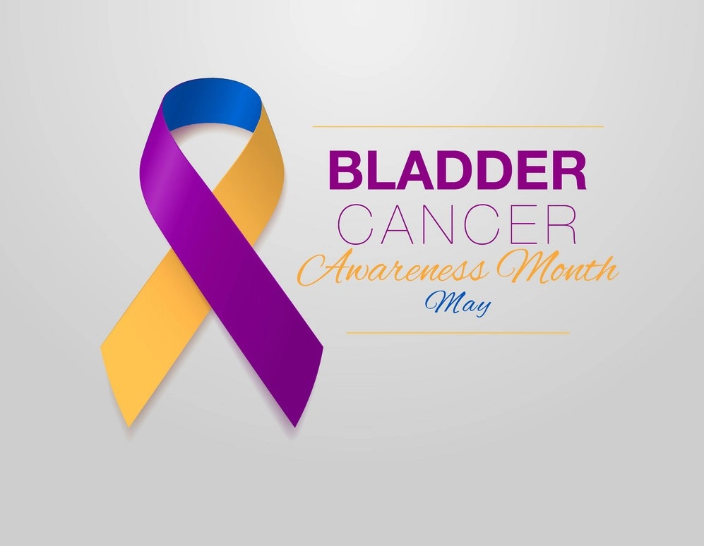 Bladder Cancer Awareness month with blue, yellow and purple ribbon