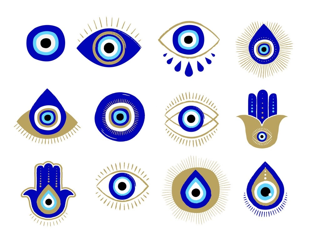 Graphic image of several evil eye in different forms