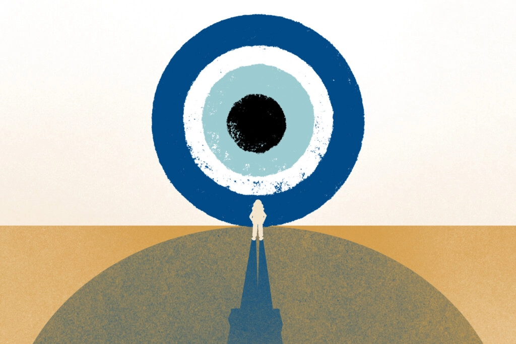 A graphic image of dark blue evil eye