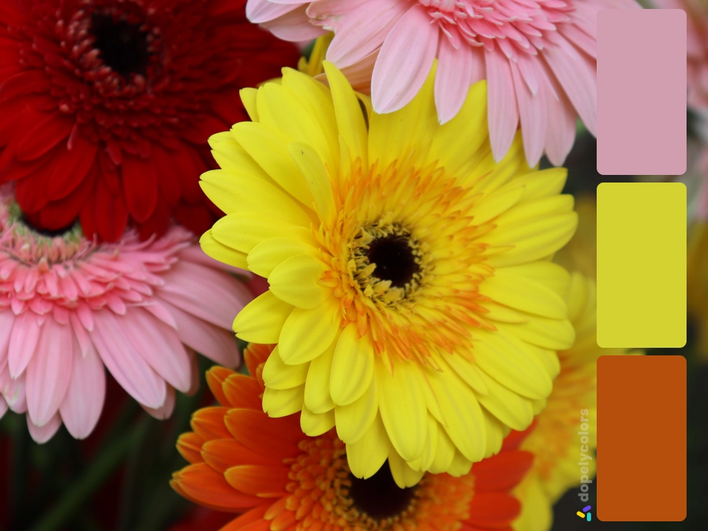 Picture of pink, red, yellow and orange Gerbera daisies with its color palette