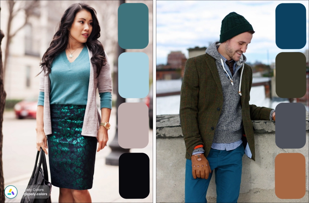 A woman and a man in Teal clothes and their palettes