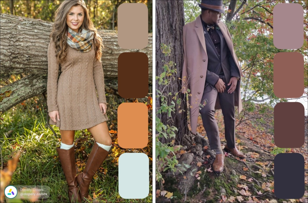 A woman and a man in Warm Tan clothes and their palettes
