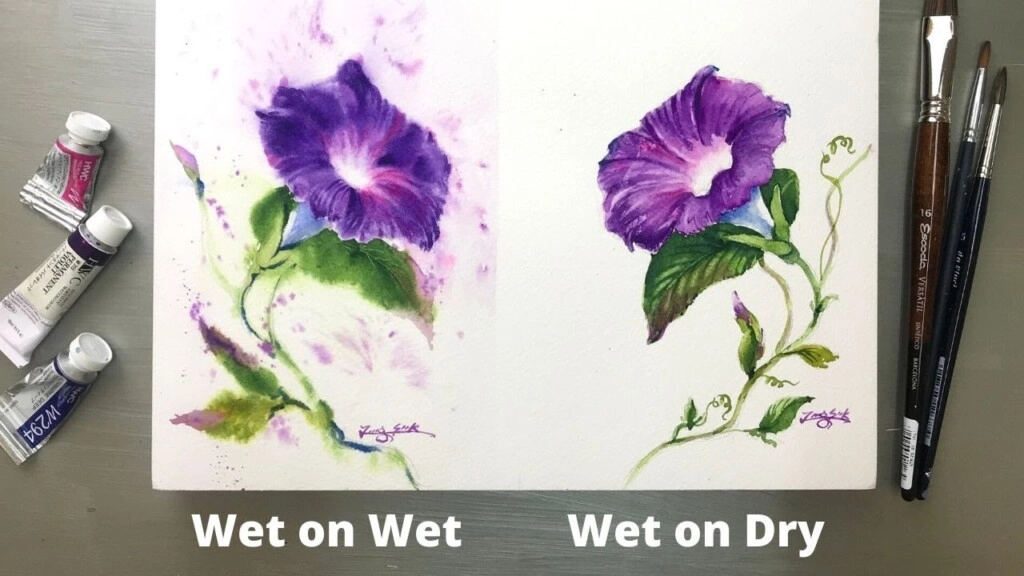 A painting of a purple flower which is drawn in two ways: wet on wet and wet on dry
