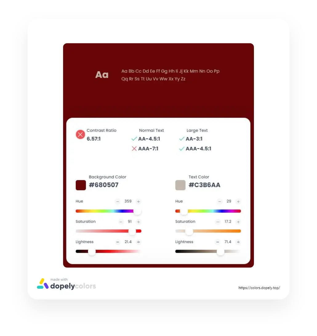 The section to adjust hue, saturation, and brightness and to show the contrast measuring result in Dopely free online web tool