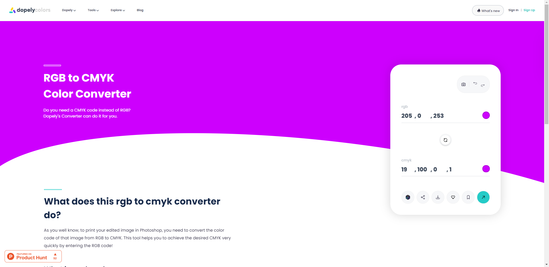 A picture from a converter tool in dopley colors web app. RGB to CMYK color convertor with purple and with background and a paragraph about how this tool works.
