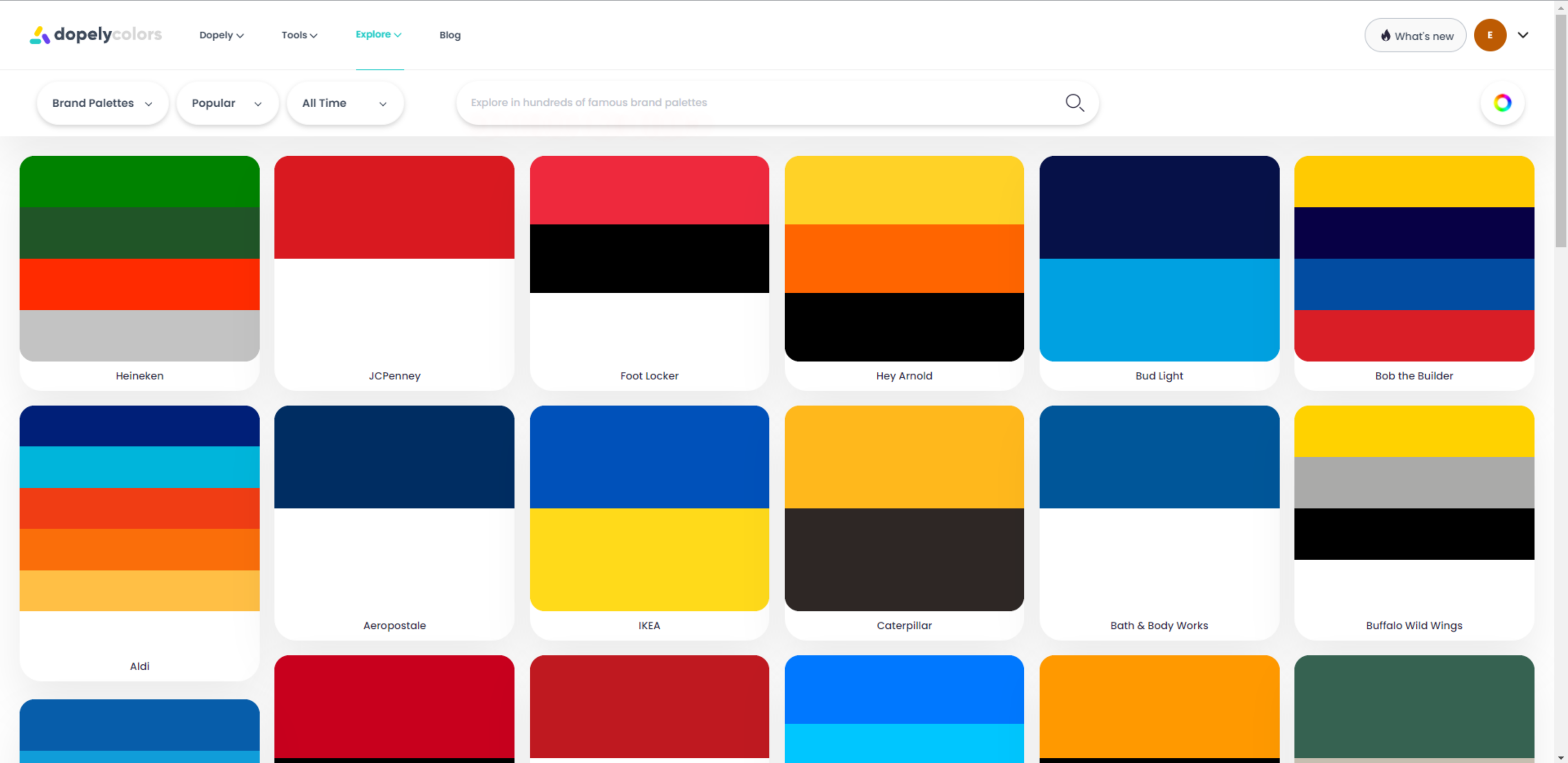 A picture from Brand palette explore in dopley colors web app with so many palettes from famous brands in 3 lines and each line has 6 palettes. The image has eighteen color palettes and a search tool.